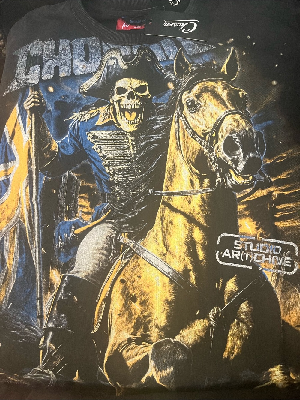 Chaser Black Tee with Gold and Blue Skeleton Cavalry Graphic